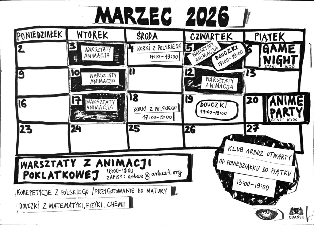 grafik na marzec 2026, po wersje tekst - napisz mail na arbuz4@arbuz4.org